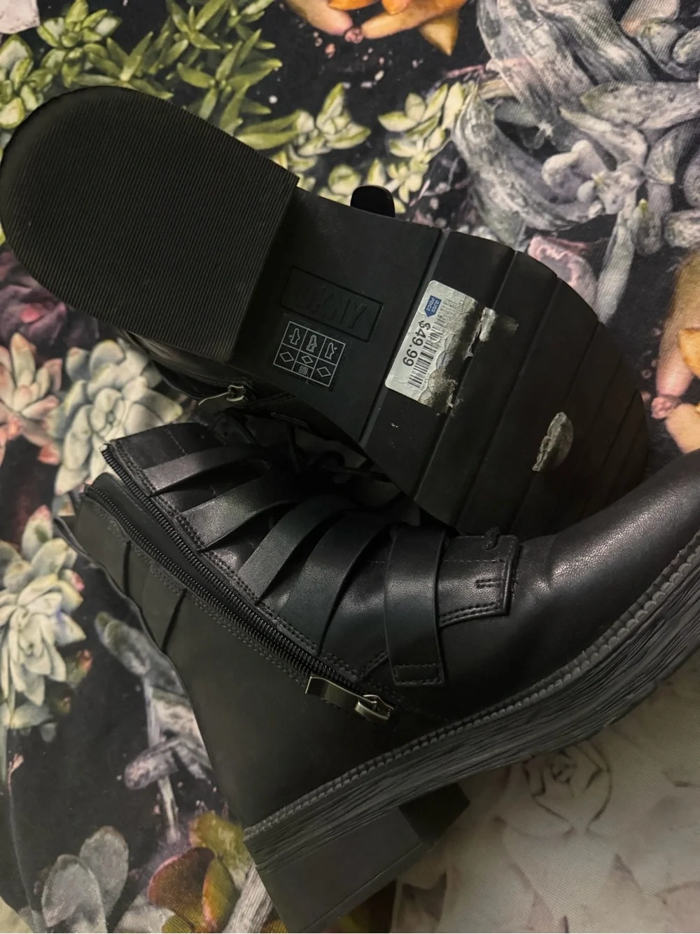 DKNY Black Leather Buckle Combat Boots